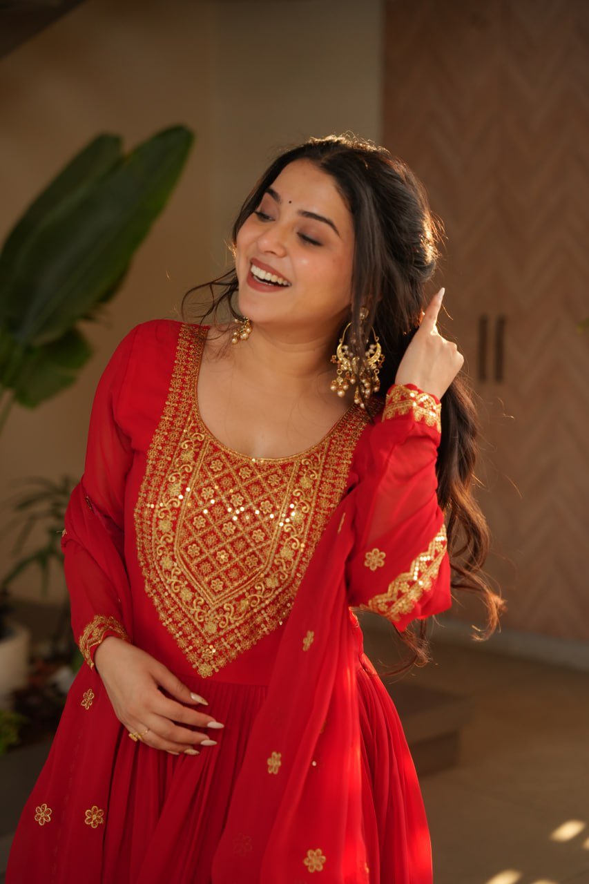 Women's Radiant Red Anarkali Suit Set with Golden Zari & Sequin Embroidery – Perfect for Festive & Wedding Occasions