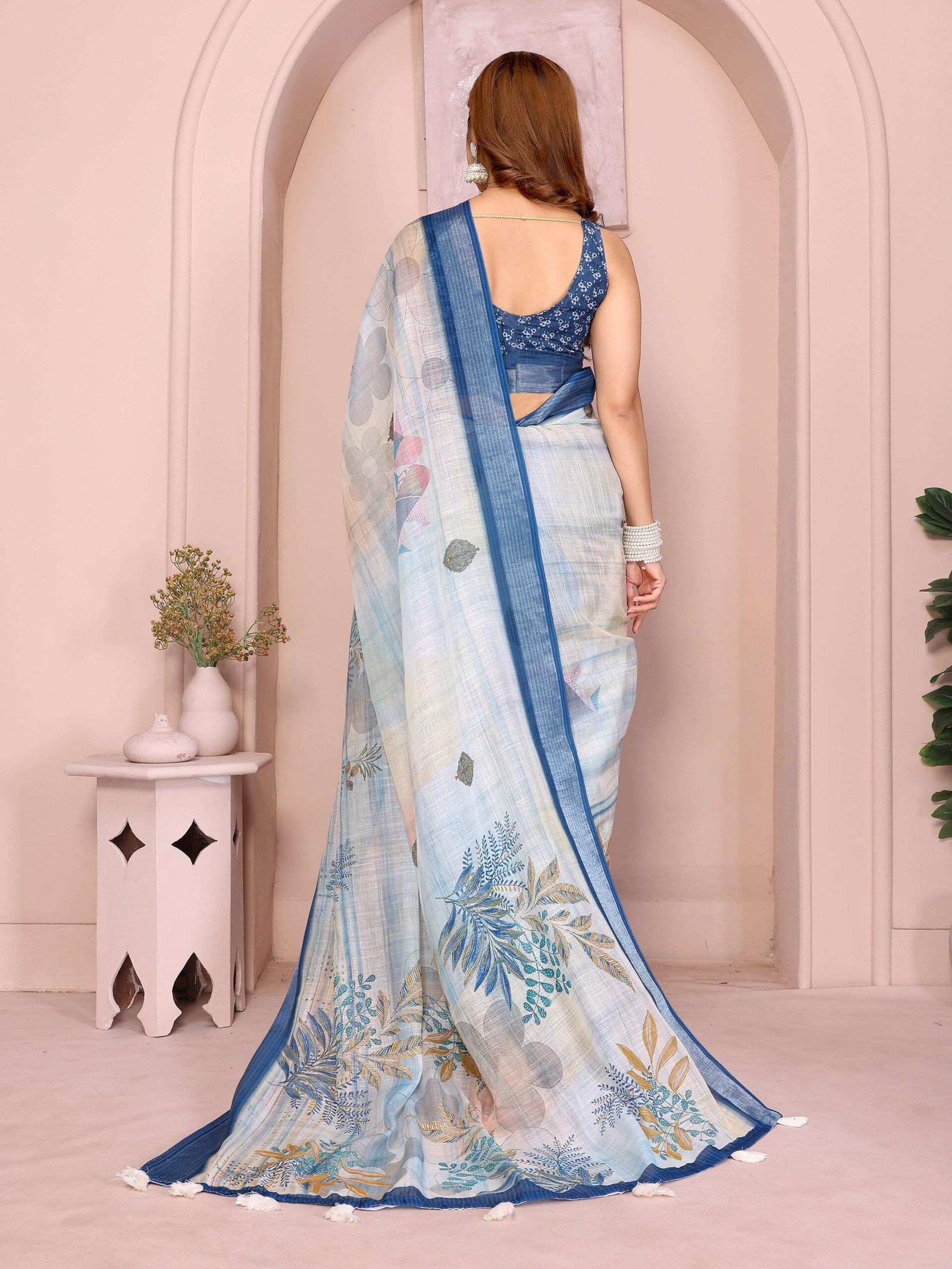 Pastel Blue Linen Cotton Saree with Tropical Leaf Prints & Tassel Pallu - Image 3