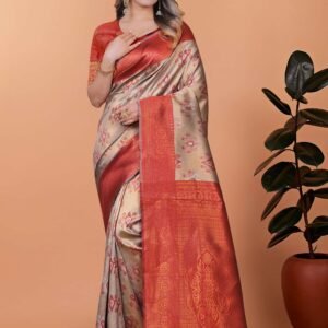 Golden Ember Banarasi Silk Saree in Beige-Gold & Rust Red with Floral Zari Work | Wedding, Festive & Traditional Ethnic Wear