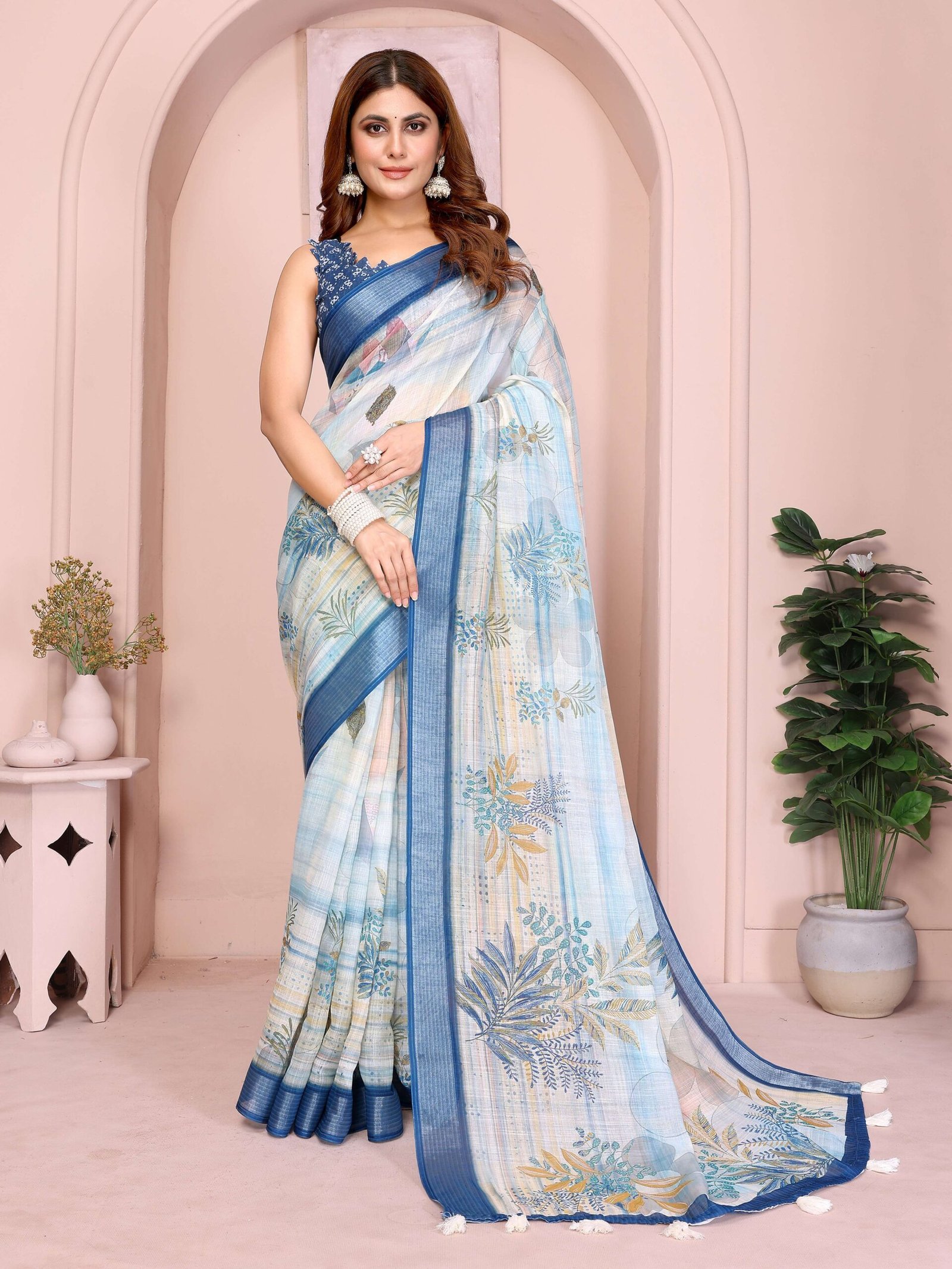 Pastel Blue Linen Cotton Saree with Tropical Leaf Prints & Tassel Pallu - Image 2