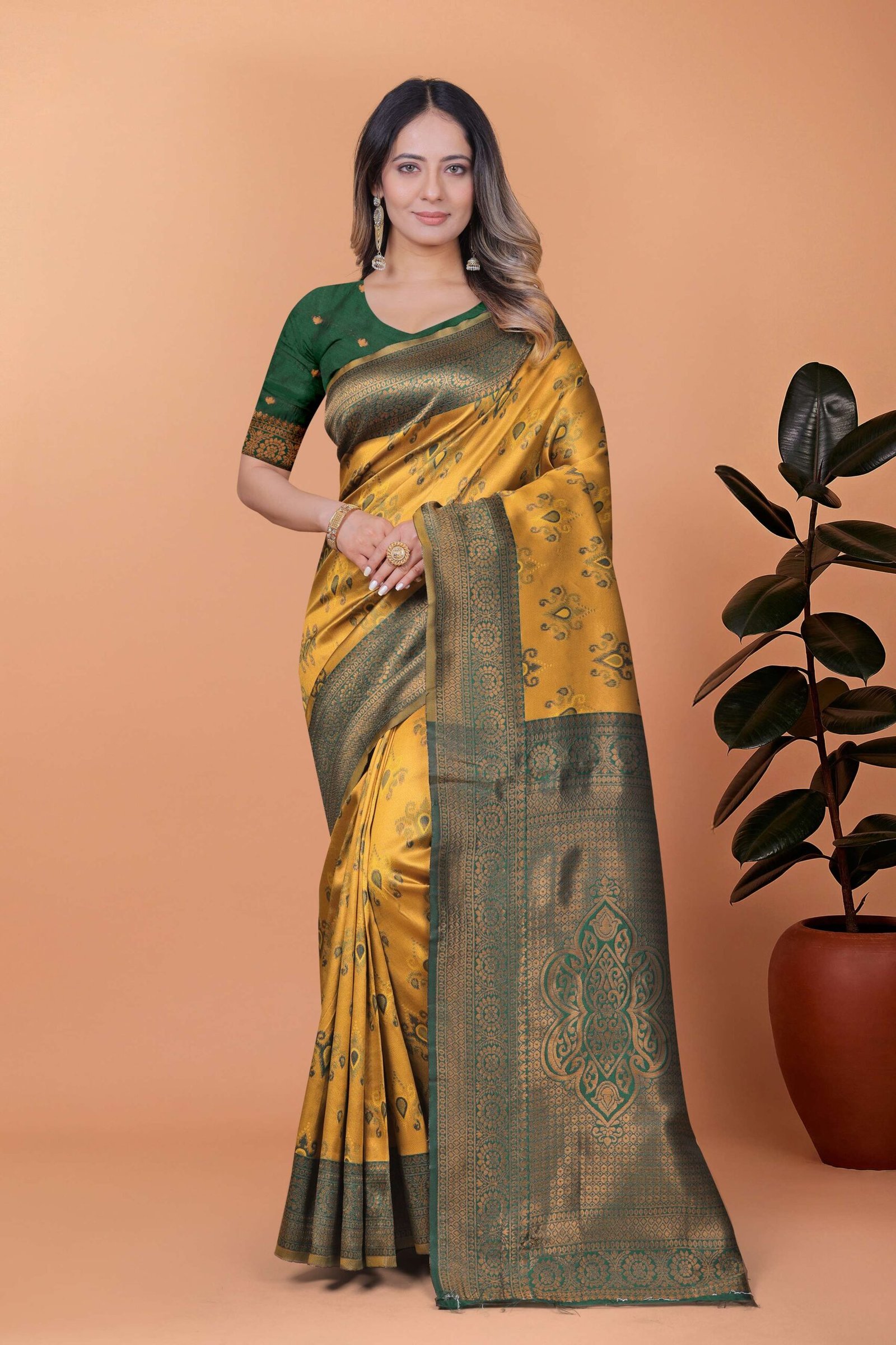 Regal Glow Mustard Yellow & Emerald Green Banarasi Silk Saree with Zari Work | Wedding, Festive & Temple Occasion Wear - Image 6