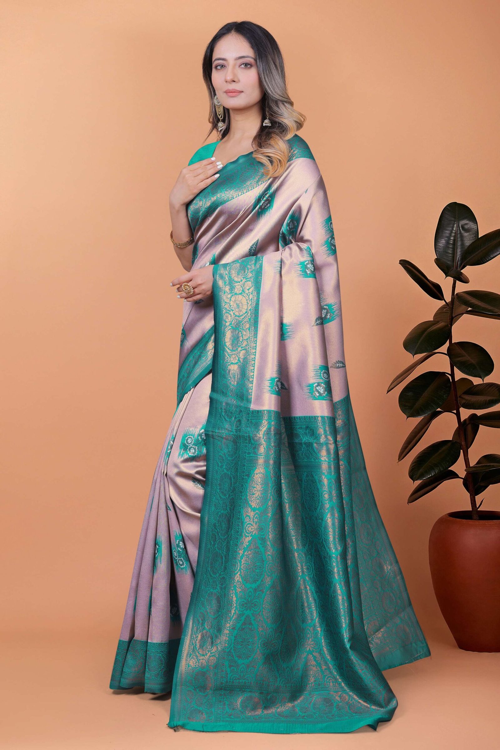 Light Lavender & Teal Green Banarasi Silk Saree with Antique Gold Zari | Wedding, Festival & Traditional Ethnic Wear - Image 3