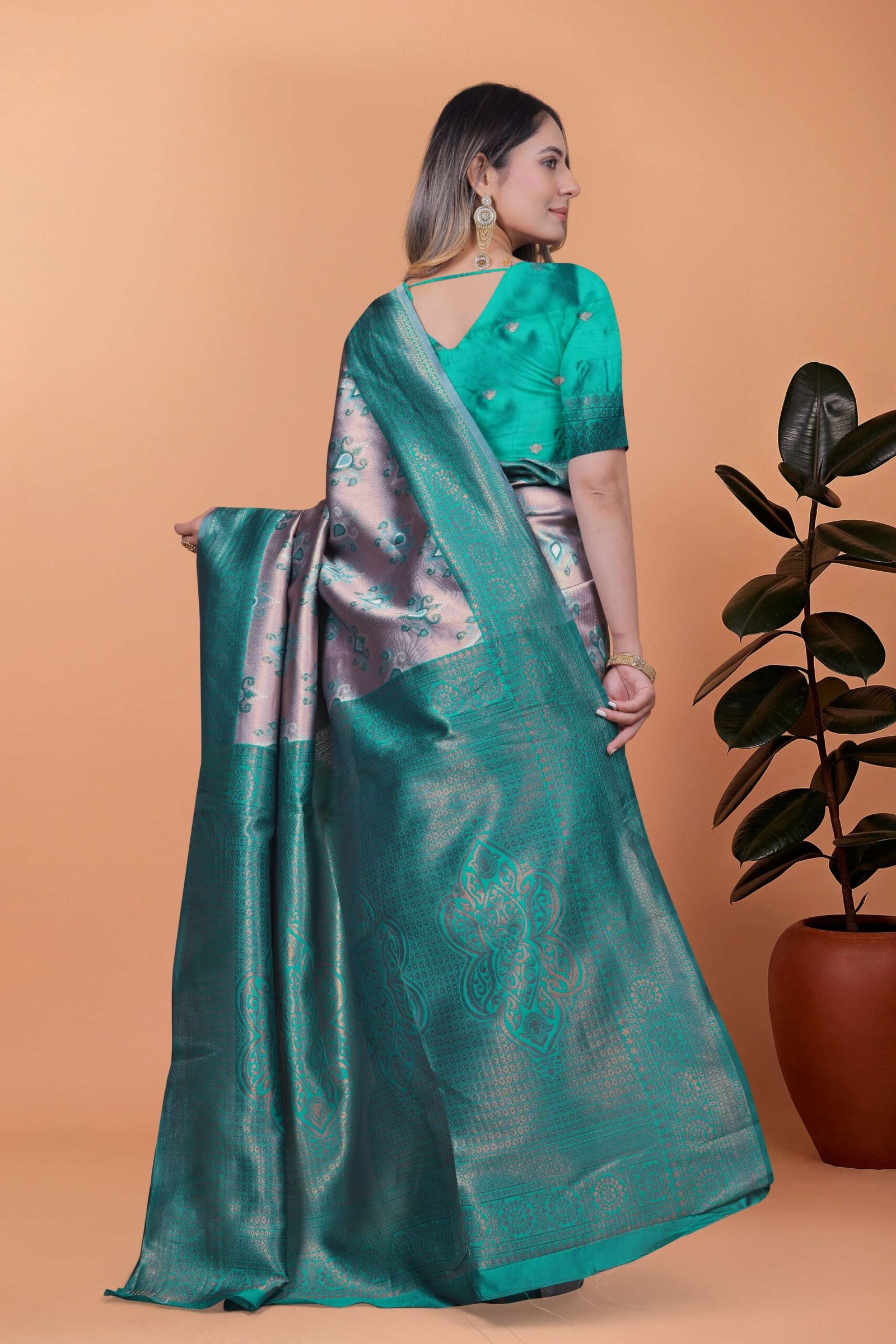 Mint Royale Banarasi Silk Saree in Silvery Grey & Mint Green with Floral Zari Work | Wedding, Day Functions & Festive Wear - Image 4