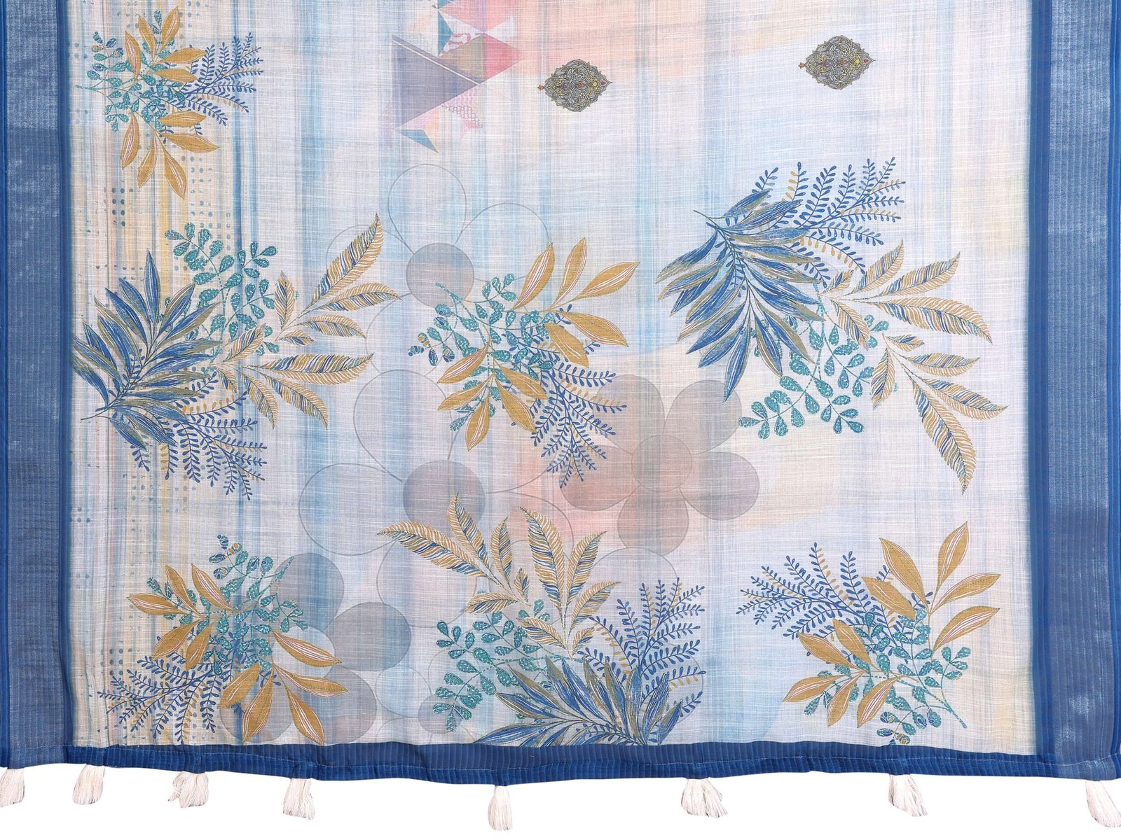 Pastel Blue Linen Cotton Saree with Tropical Leaf Prints & Tassel Pallu - Image 5